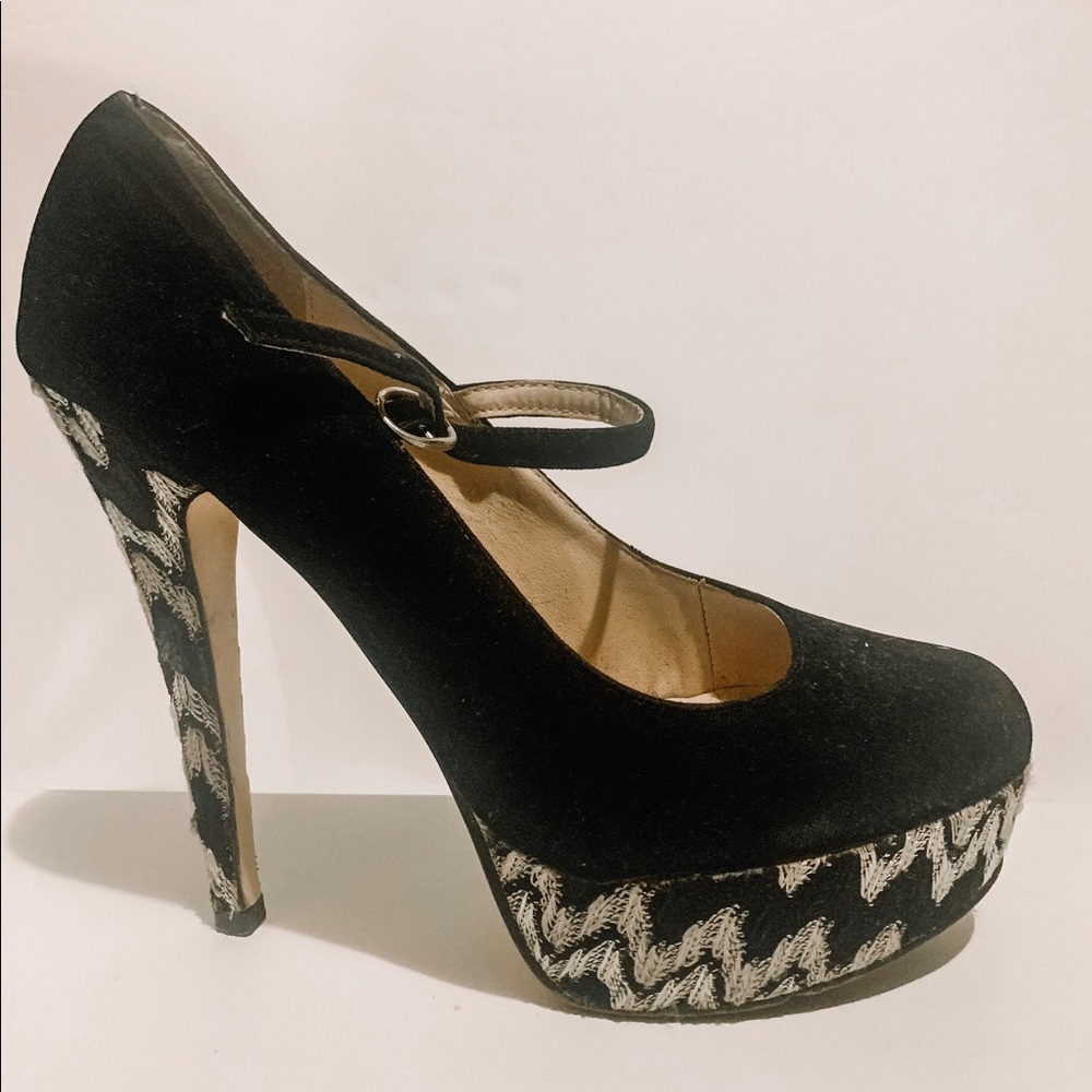 Black Velvet Strap Heel with print
